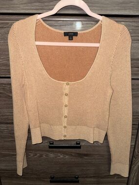 J.Crew Cropped Sweater Rib Button-Front Scoop Cardigan in Camel